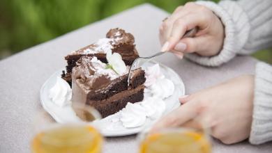 Suklaa kakkua ja alkoholitonta kuohujuomaa piknikpöydällä.