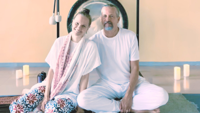 two yoga teachers with a gong