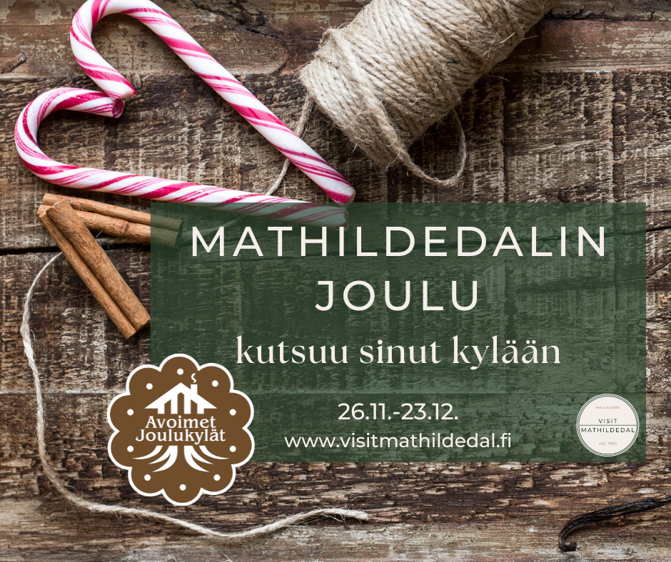 Mathildedalin joulu, jouluinen asetelma, jossa karkkikeppejä, kanelitankoja ja käsityölankaa.
